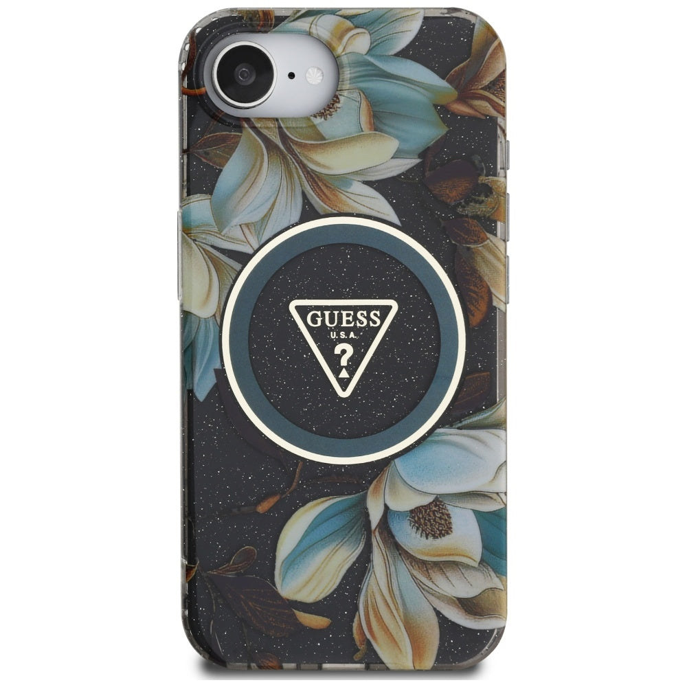 Guess - IML Metal Glitter Flowers Triangle MagSafe (GUHMPSE4HFLPEDK) - iPhone 16e / iPhone 17e - Black