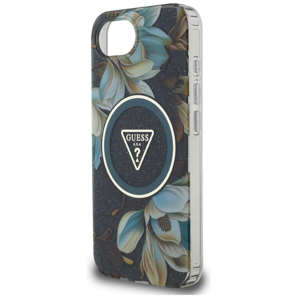 Guess - IML Metal Glitter Flowers Triangle MagSafe (GUHMPSE4HFLPEDK) - iPhone 16e / iPhone 17e - Black