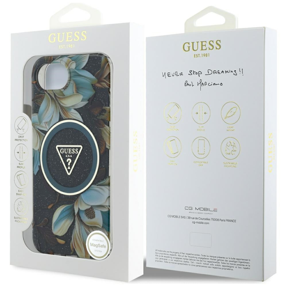 Guess - IML Metal Glitter Flowers Triangle MagSafe (GUHMPSE4HFLPEDK) - iPhone 16e / iPhone 17e - Black
