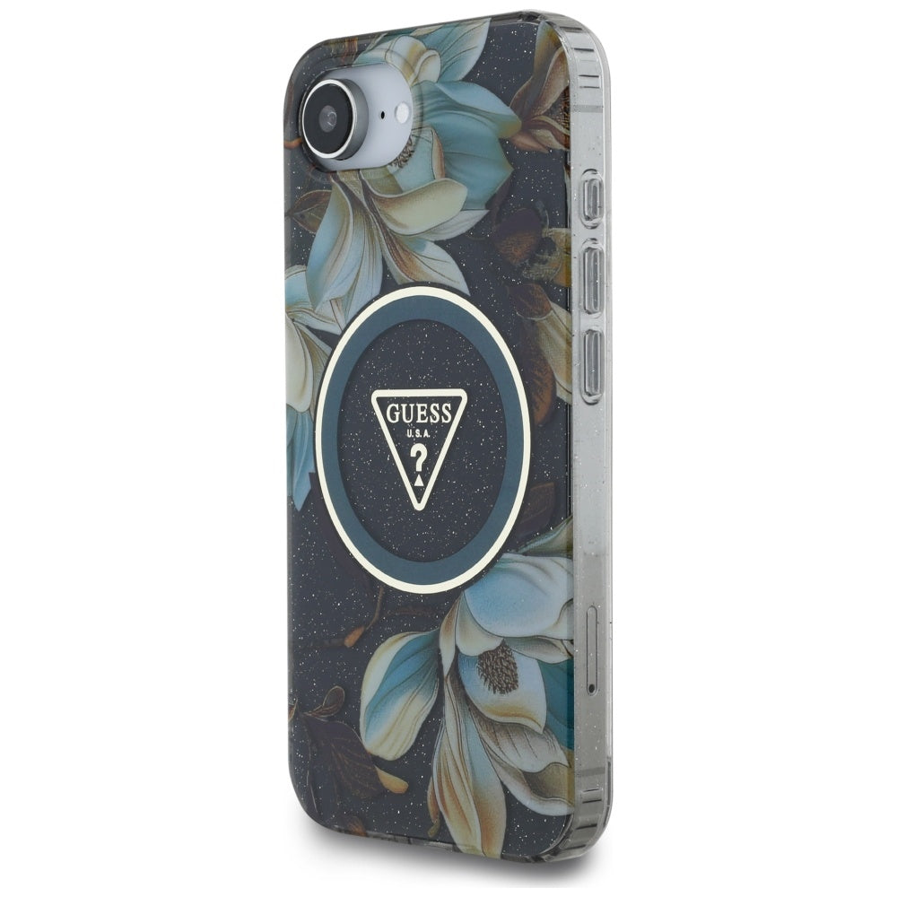 Guess - IML Metal Glitter Flowers Triangle MagSafe (GUHMPSE4HFLPEDK) - iPhone 16e / iPhone 17e - Black