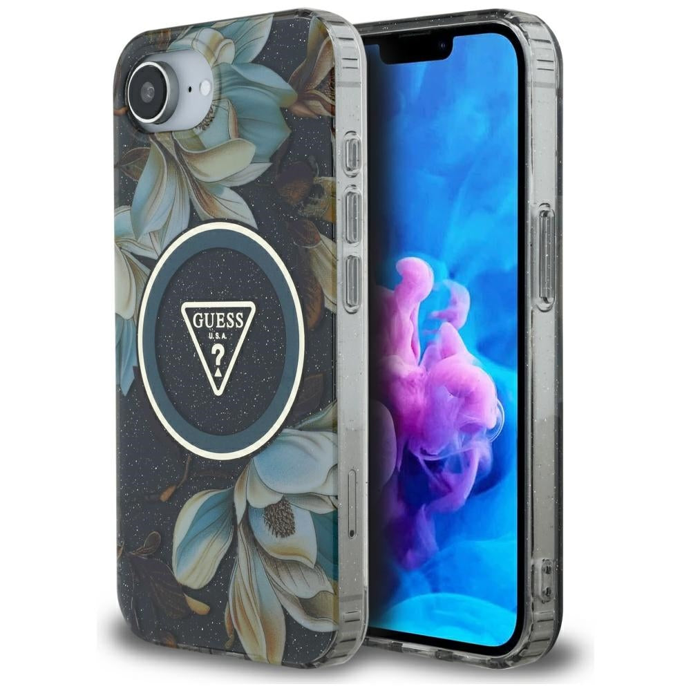 Guess - IML Metal Glitter Flowers Triangle MagSafe (GUHMPSE4HFLPEDK) - iPhone 16e / iPhone 17e - Black