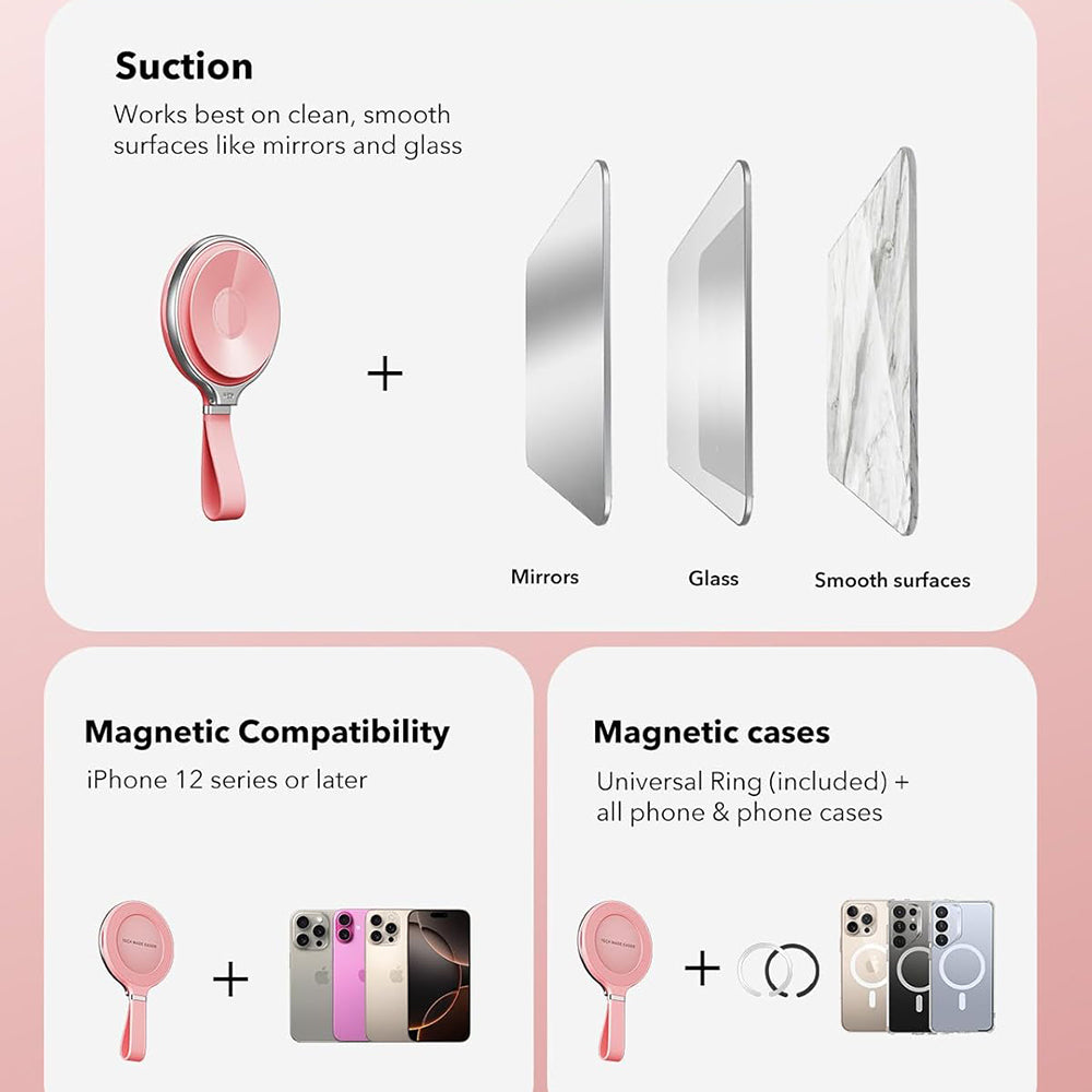 ESR - Suction Phone Mount HaloLock (2K6500101) - Hands-Free Mirror Phone Stand, Magnetic, 360° Rotation Ring - Pink