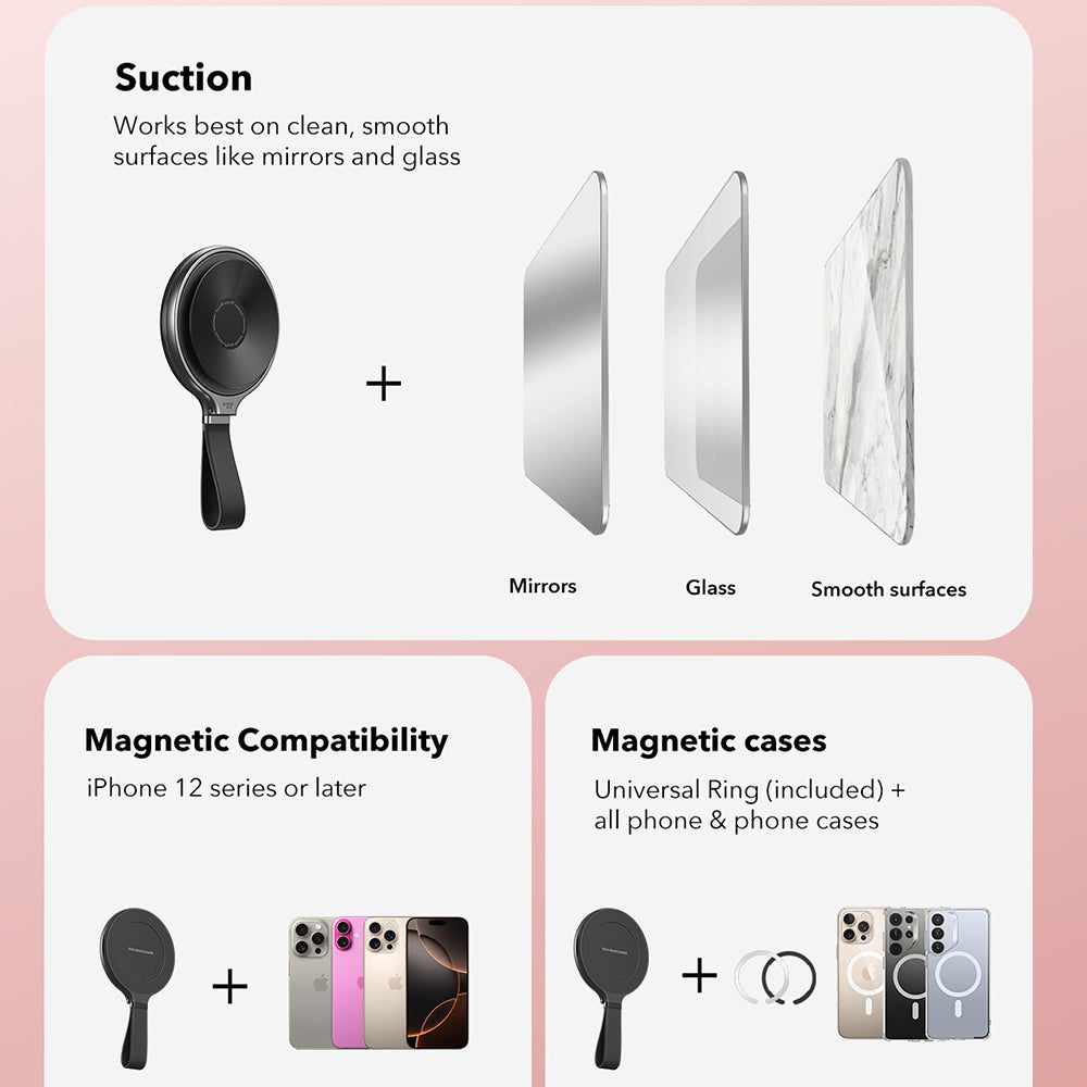 ESR Suport ESR Suction Phone HaloLock (2K6500301), Hands-Free Mirror Phone Stand, Magnetic, 360° Rotation Ring, Negru – 