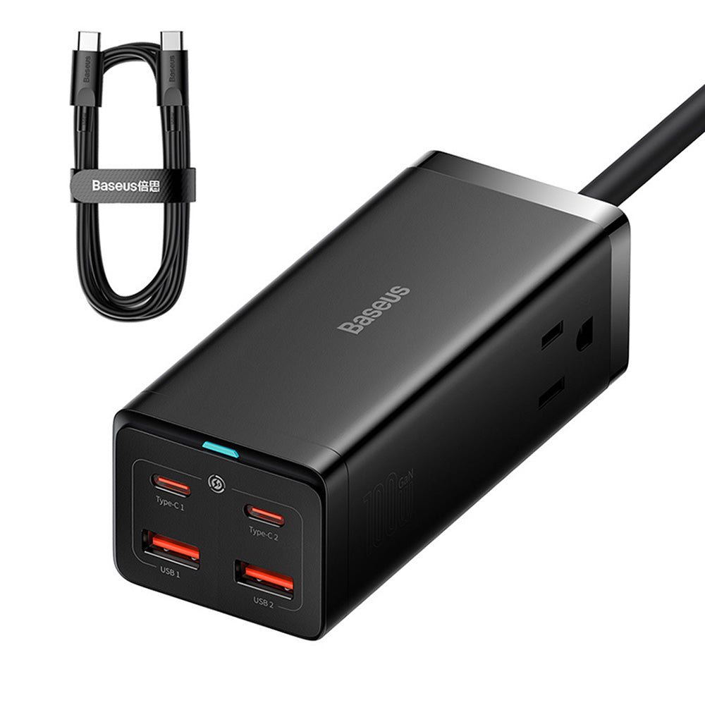 Baseus - Wall Charger/Powerstrip (PSZM000201) - Type-C Cable Included, 2 x AC, 2 x USB, 2 x Type-C, 100W - Black