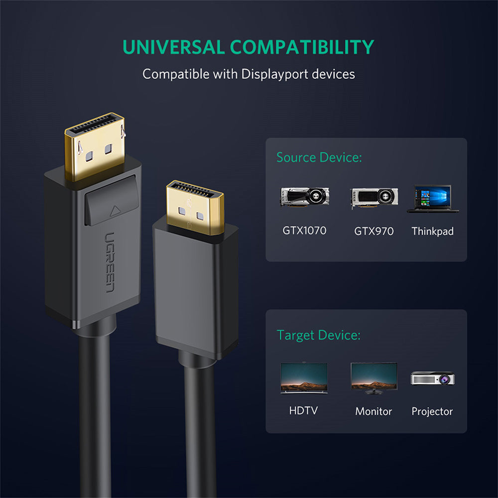 Ugreen - Video Cable DP102 (10211) - DP to DP, Universal, for Laptop, TV, High Definition, 4K@60Hz, 1.2V, 2m - Black
