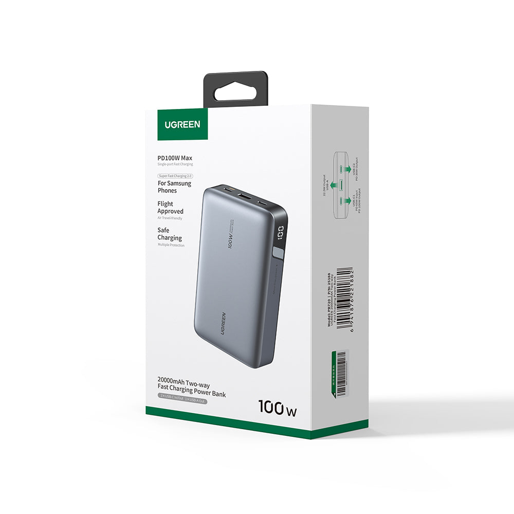 Ugreen - Power Bank PB720 (25188) - Two-way Fast Charging, Digital Display, 20000mAh, USB, Type-C, 100W, 5V/3A - Black