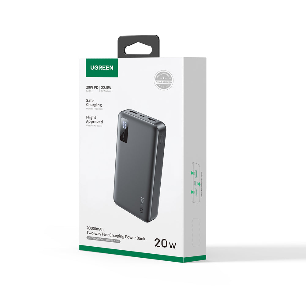Ugreen - Power Bank PB312 (25683) - Fast Charging, Digital Display, 20000mAh, 2x USB, 2x Type-C, PD3.0, 5V/3A - Black