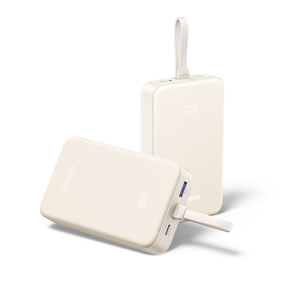 Ugreen - Power Bank PB505 (35340) - Fast Charging, 20000mAh, USB, USB-C, Built-in Type-C Cable, 22.5W, 5V/3A - Beige