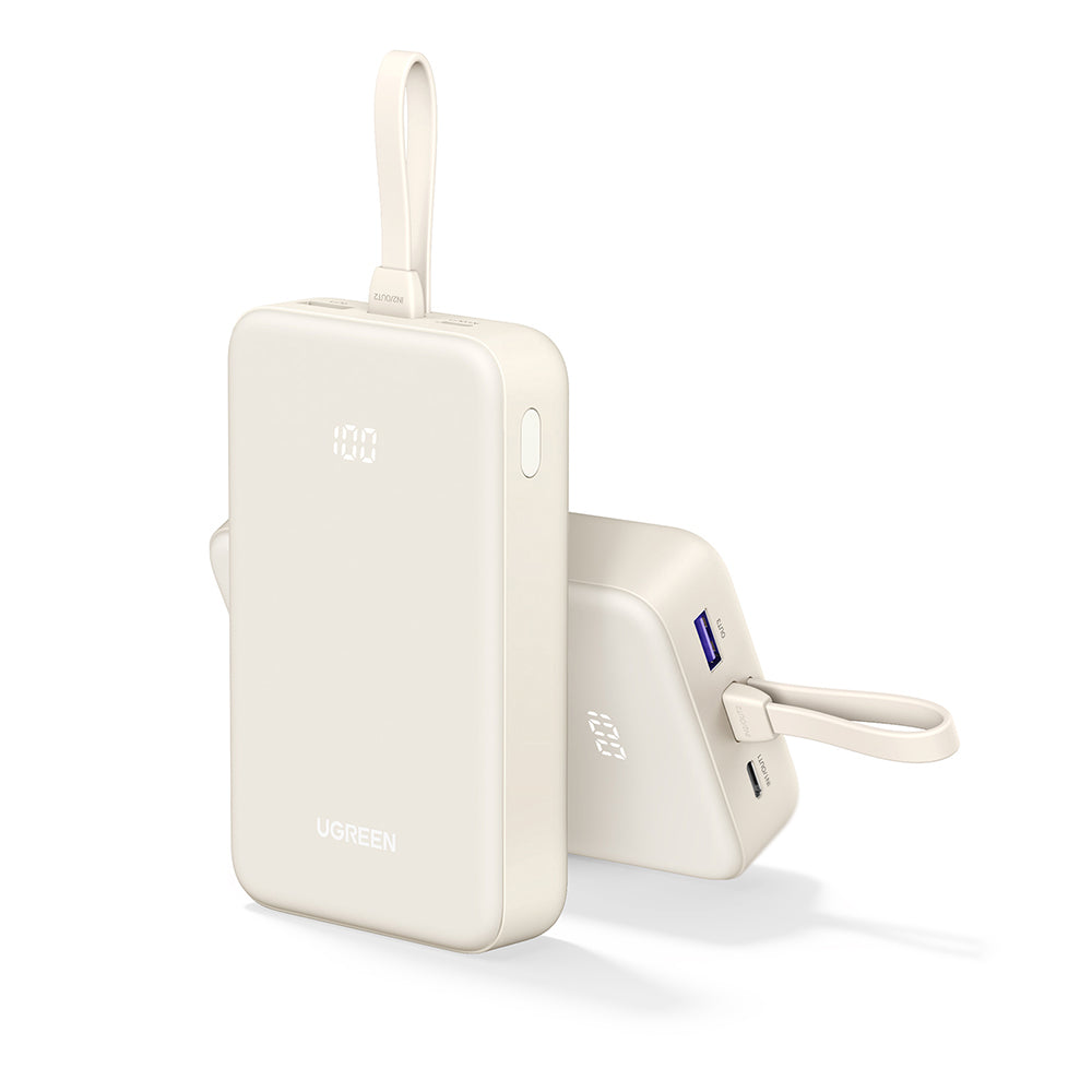 Ugreen - Power Bank PB505 (35340) - Fast Charging, 20000mAh, USB, USB-C, Built-in Type-C Cable, 22.5W, 5V/3A - Beige