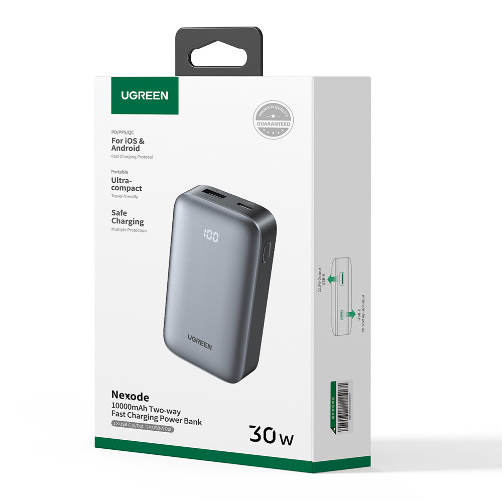 Ugreen - Power Bank PB502 (25185) - Fast Charging, with Digital Display, 10000mAh, USB, Type-C, 30W, 5V/3A - Grey