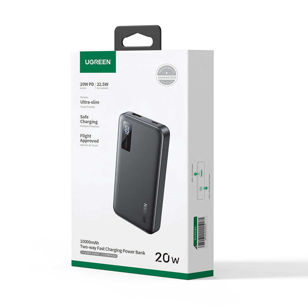 Ugreen - Power Bank PB311 (25742) - Fast Charging, LED Display, 10000mAh, USB, Type-C, PD3.0, 20W, 5V/3A - Black