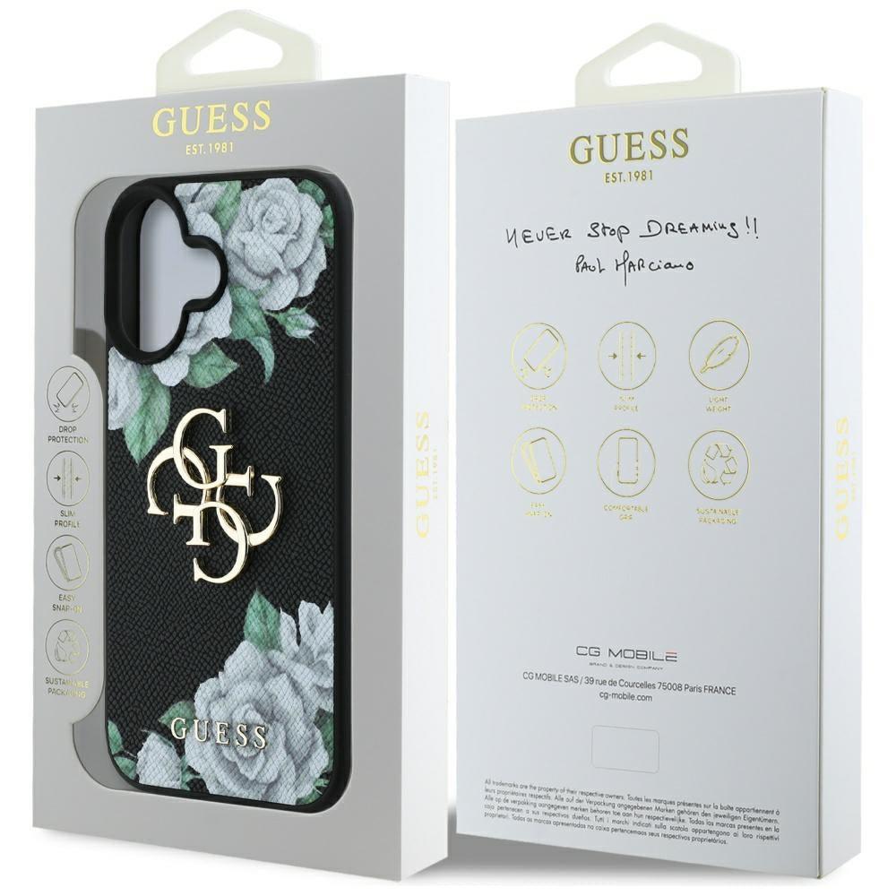 Husa pentru iPhone 16 - Guess Hardcase 4G Grained Roses Big Logom (GUHCP16SPGROP4MK) - Black