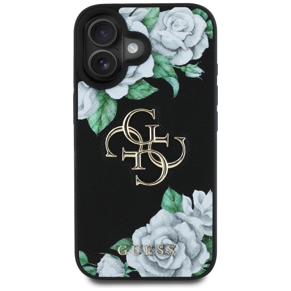 Husa pentru iPhone 16 - Guess Hardcase 4G Grained Roses Big Logom (GUHCP16SPGROP4MK) - Black