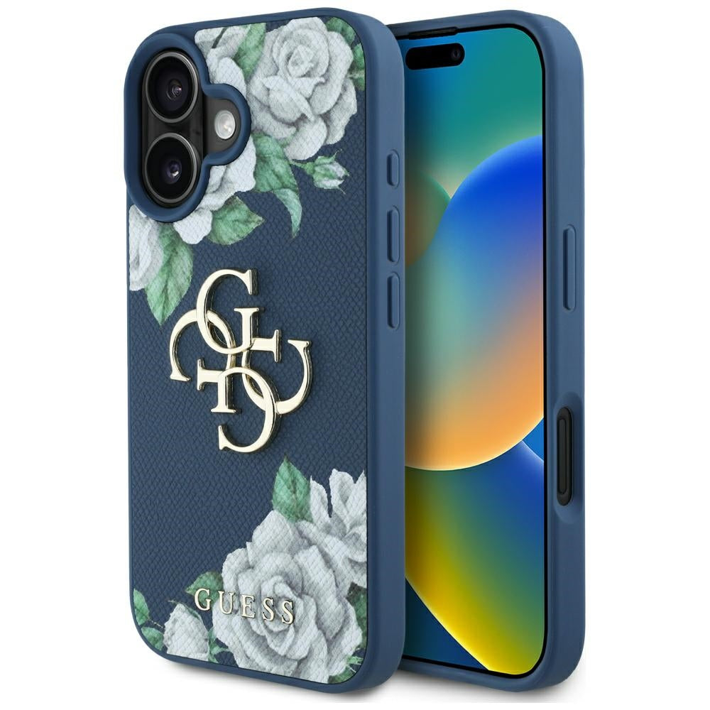 Husa pentru iPhone 16 - Guess Hardcase 4G Grained Roses Big Logo (GUHCP16SPGROP4MB) - Blue