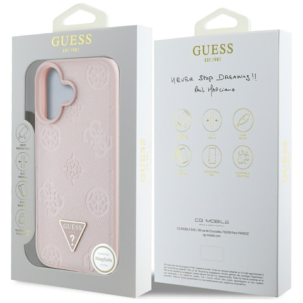 Guess Husa de protectie Guess Peony Grained Hot Stamp Triangle MagSafe (GUHMP16SPGBTMP) compatibil cu iPhone 16, Roz – i