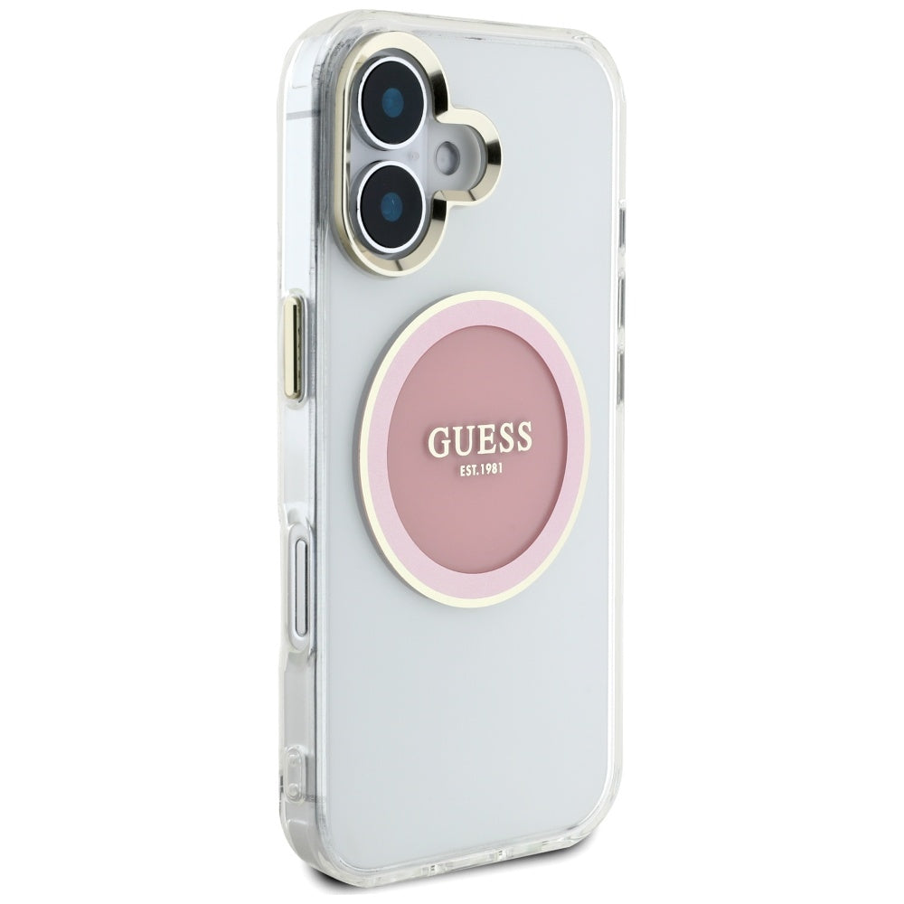 Husa pentru iPhone 16 - Guess IML Metal Colored Circle MagSafe (GUHMP16SHTDRCEDP) - Pink