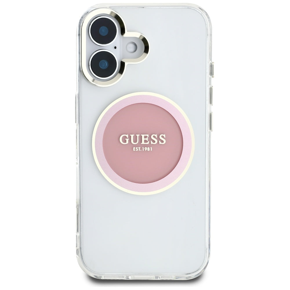 Husa pentru iPhone 16 - Guess IML Metal Colored Circle MagSafe (GUHMP16SHTDRCEDP) - Pink