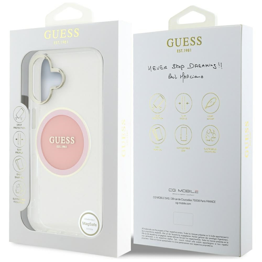 Husa pentru iPhone 16 - Guess IML Metal Colored Circle MagSafe (GUHMP16SHTDRCEDP) - Pink
