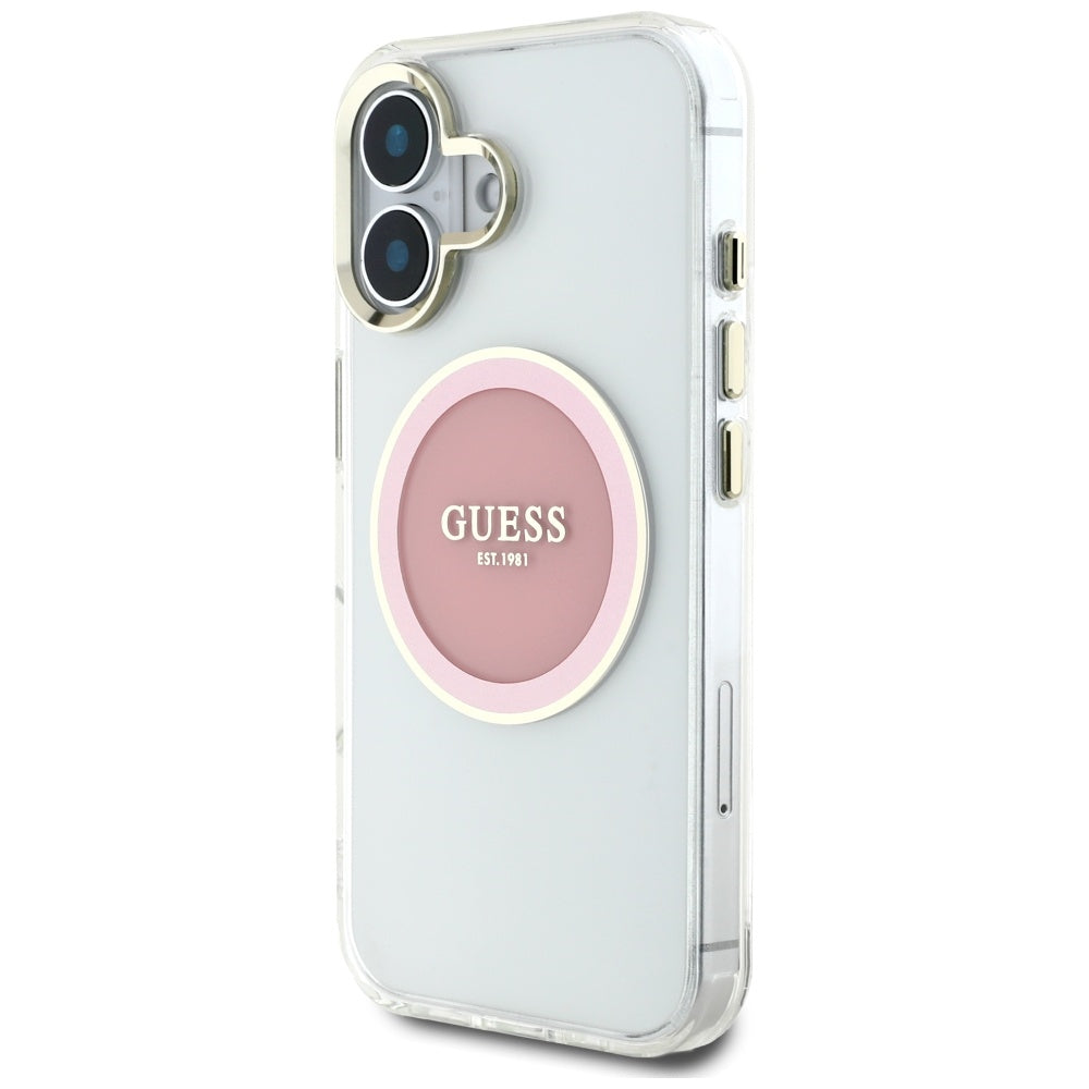 Husa pentru iPhone 16 - Guess IML Metal Colored Circle MagSafe (GUHMP16SHTDRCEDP) - Pink