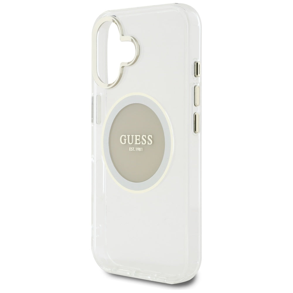 Husa pentru iPhone 16 - Guess IML Metal Colored Circle MagSafe (GUHMP16SHTDRCEDG) - Grey