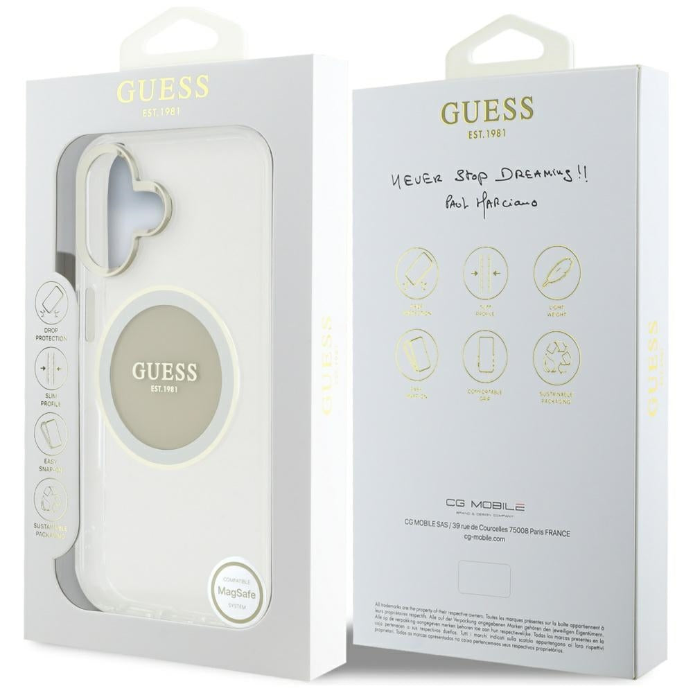 Husa pentru iPhone 16 - Guess IML Metal Colored Circle MagSafe (GUHMP16SHTDRCEDG) - Grey