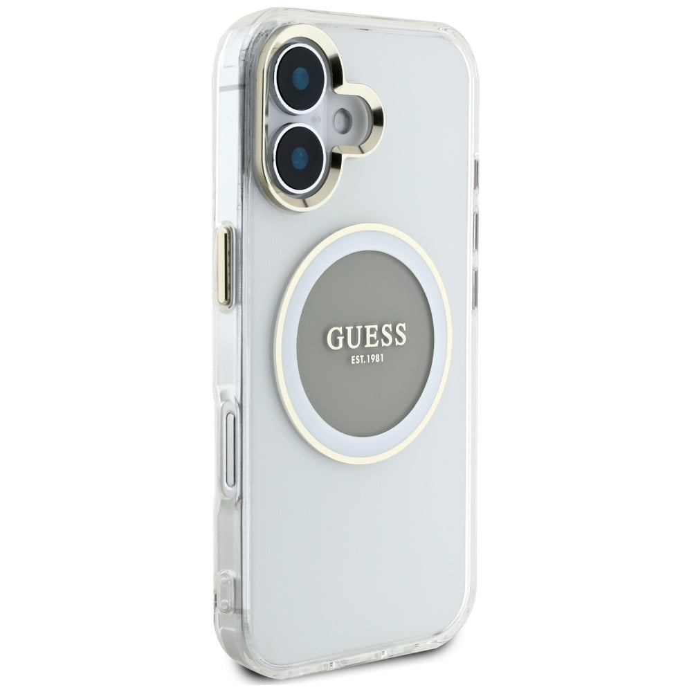 Husa pentru iPhone 16 - Guess IML Metal Colored Circle MagSafe (GUHMP16SHTDRCEDG) - Grey