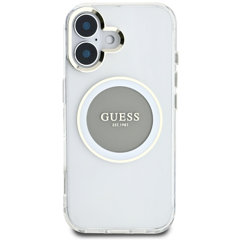 Husa pentru iPhone 16 - Guess IML Metal Colored Circle MagSafe (GUHMP16SHTDRCEDG) - Grey