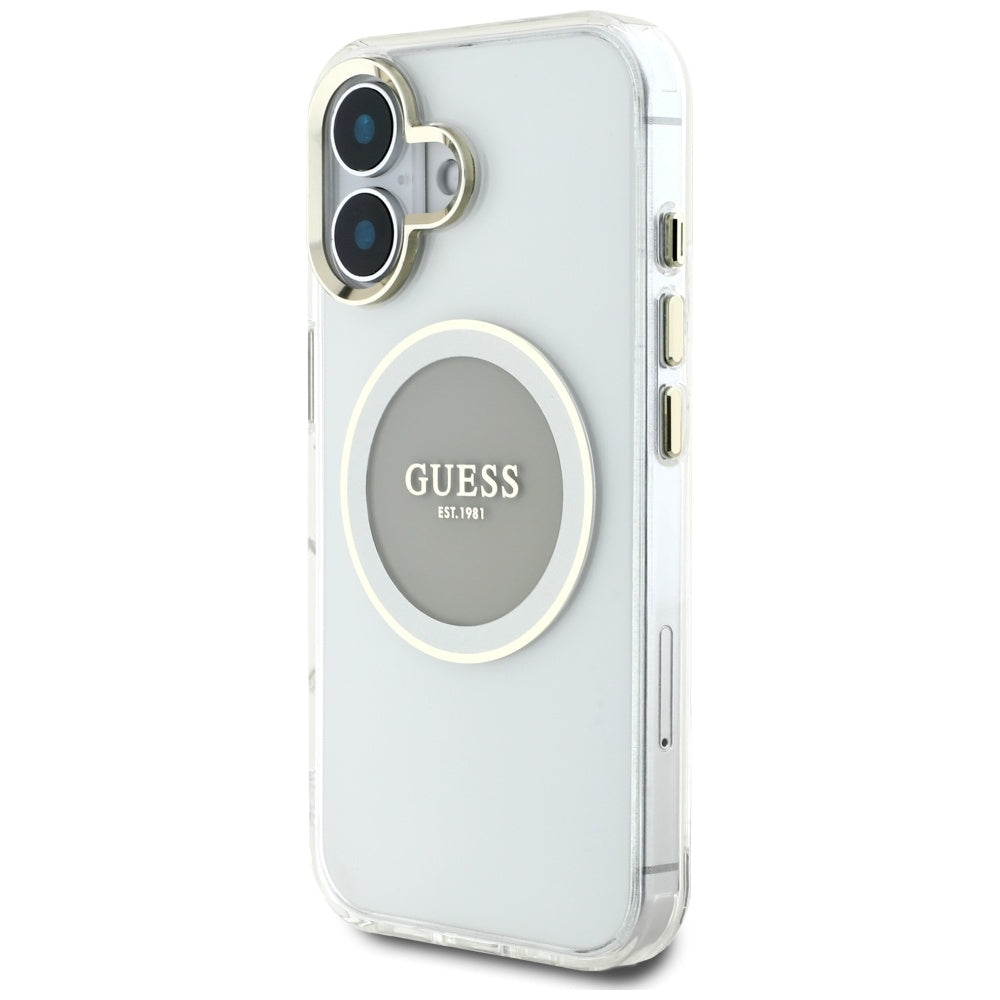 Husa pentru iPhone 16 - Guess IML Metal Colored Circle MagSafe (GUHMP16SHTDRCEDG) - Grey