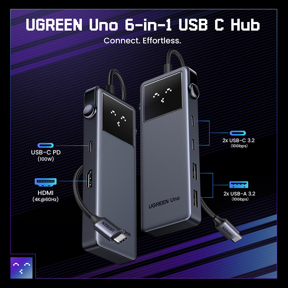 Ugreen - Docking Station Uno 6in1 CM888 (35998) - LED Display, 2x USB, 2x Type-C, HDMI, 10Gb/s, 4K, 100W, SD/TF Slot - B