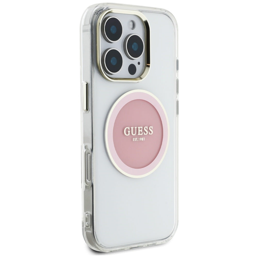 Husa pentru iPhone 16 Pro - Guess IML Metal Colored Circle MagSafe (GUHMP16LHTDRCEDP) - Pink