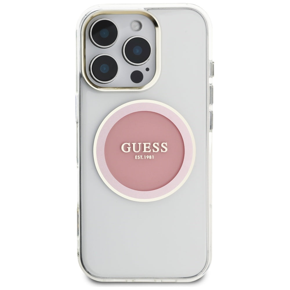 Husa pentru iPhone 16 Pro - Guess IML Metal Colored Circle MagSafe (GUHMP16LHTDRCEDP) - Pink