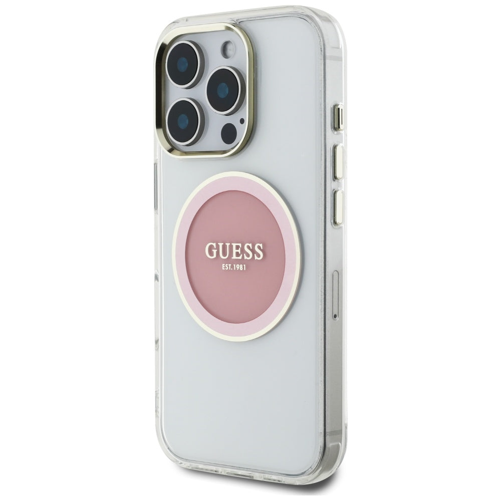 Husa pentru iPhone 16 Pro - Guess IML Metal Colored Circle MagSafe (GUHMP16LHTDRCEDP) - Pink