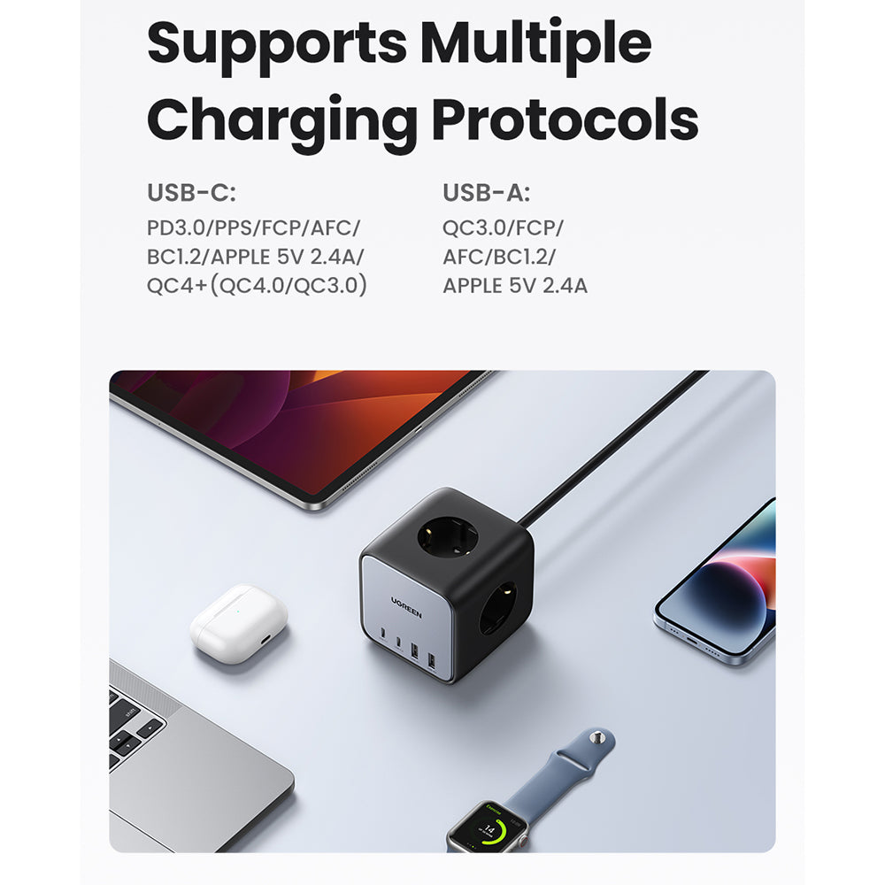 Ugreen - Wall Charger DigiNest Cube 7in1 CD268 (60113) - GaN, Fast Charge, 2x USB-C, 2x USB, 3x AC, 2990W, 13A, PD65W - 