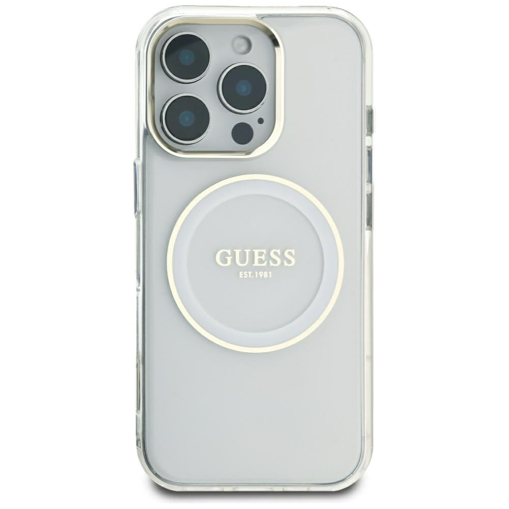 Husa pentru iPhone 16 Pro Max - Guess IML Metal Colored Circle MagSafe (GUHMP16XHTDRCEDH) - White