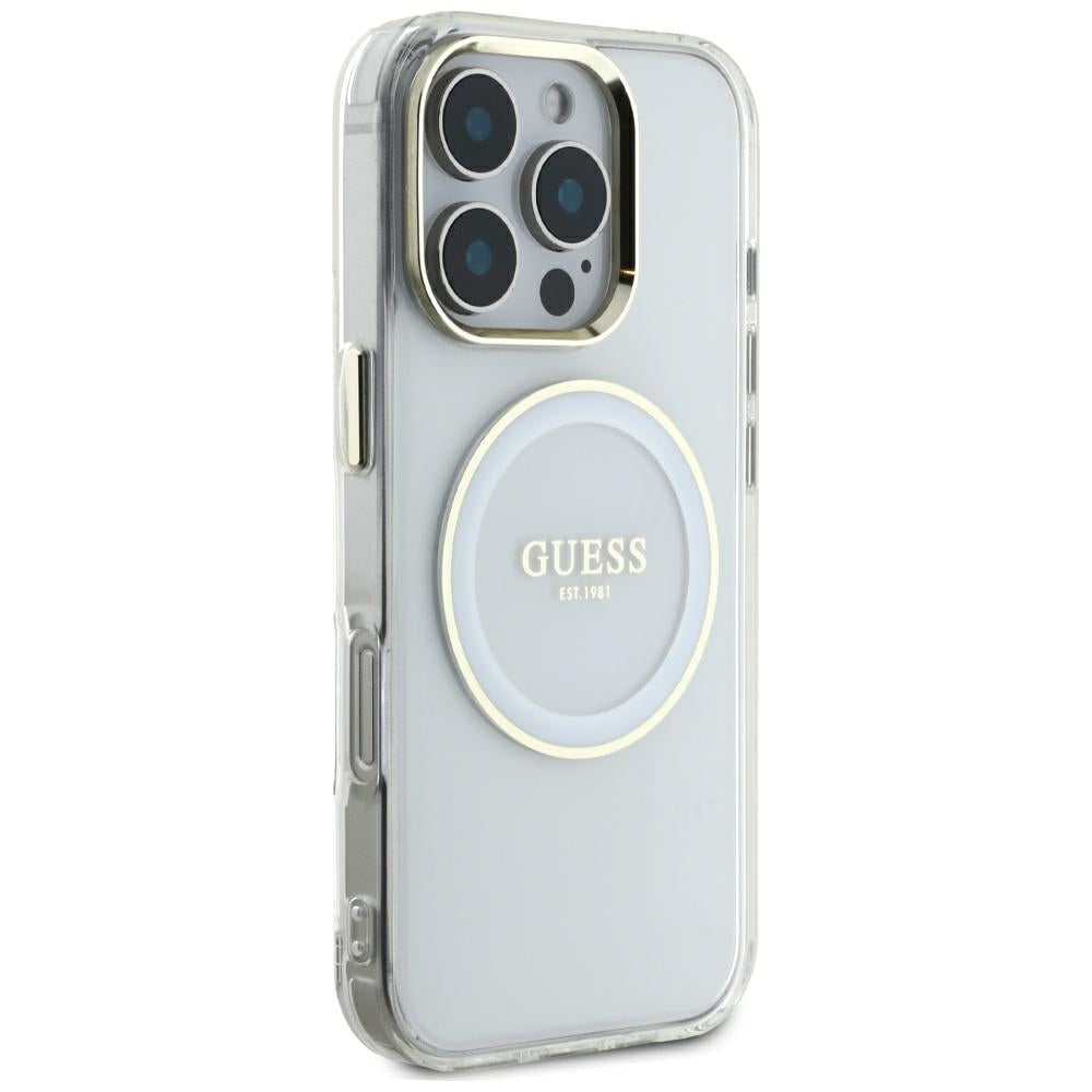 Husa pentru iPhone 16 Pro Max - Guess IML Metal Colored Circle MagSafe (GUHMP16XHTDRCEDH) - White