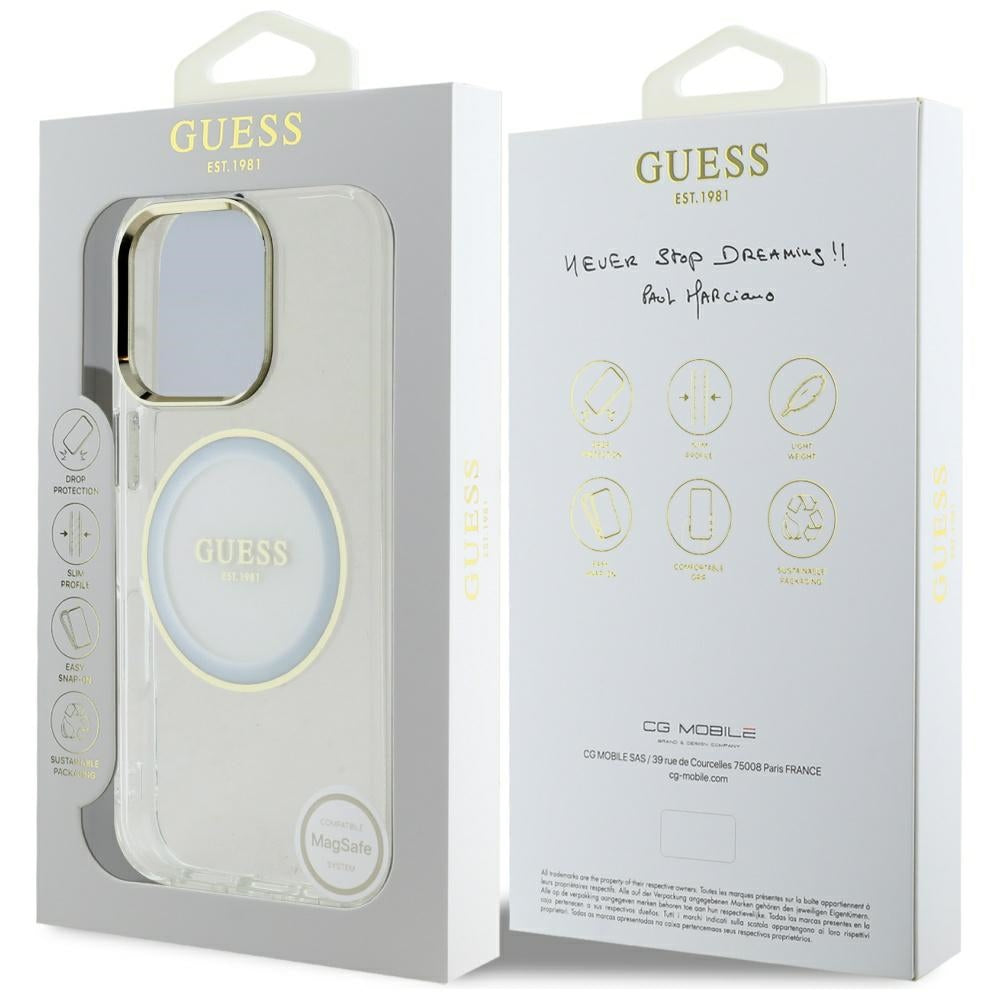 Husa pentru iPhone 16 Pro Max - Guess IML Metal Colored Circle MagSafe (GUHMP16XHTDRCEDH) - White
