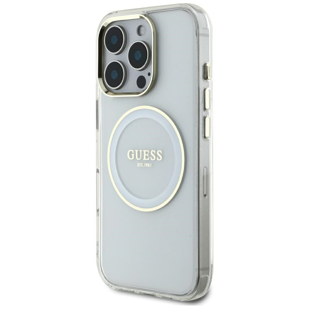 Husa pentru iPhone 16 Pro Max - Guess IML Metal Colored Circle MagSafe (GUHMP16XHTDRCEDH) - White
