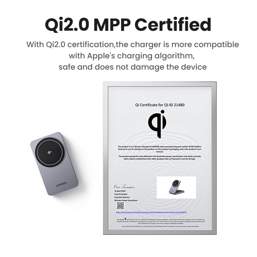Ugreen - Wireless Charger W706 (45023) - MagSafe, 2in1, for iPhone, AirPods, USB-C Cable, 20W, 3A, Qi2, MPP, 1m - Grey