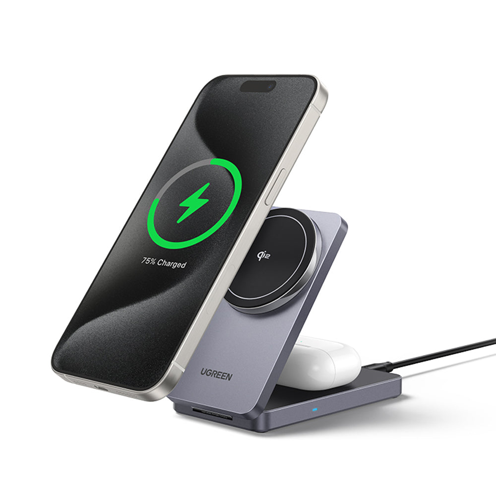 Ugreen - Wireless Charger W706 (45023) - MagSafe, 2in1, for iPhone, AirPods, USB-C Cable, 20W, 3A, Qi2, MPP, 1m - Grey