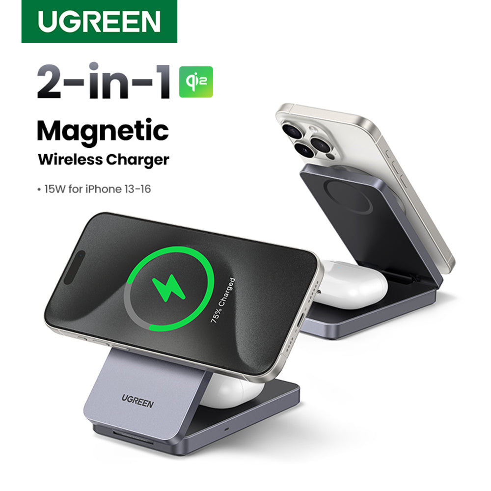 Ugreen - Wireless Charger W706 (45023) - MagSafe, 2in1, for iPhone, AirPods, USB-C Cable, 20W, 3A, Qi2, MPP, 1m - Grey