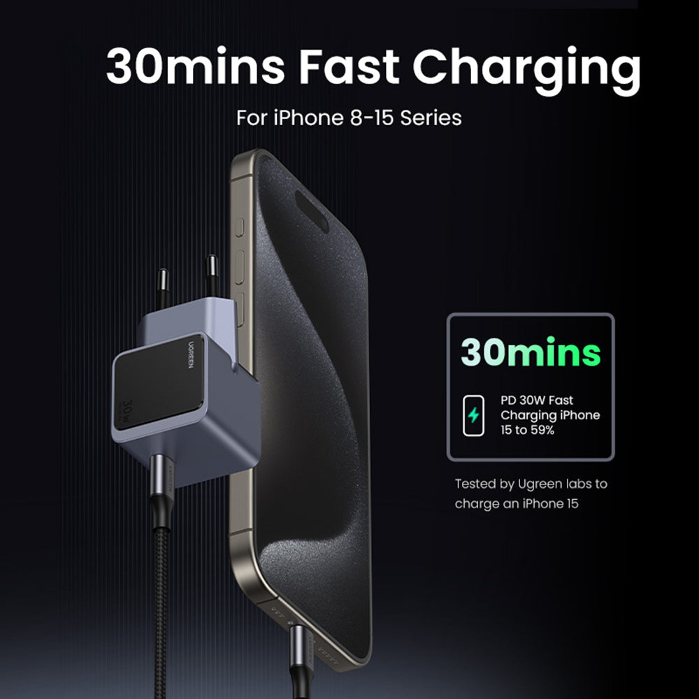 Ugreen - Wall Charger Nexode S X503 (35041) - Type-C, GaN, Fast Charging, 30W, 3A, PD3.0, QC4.0+ - Grey
