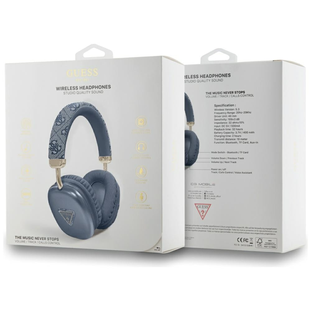 Guess Casti Guess Wireless 4G Gold Triangle Logo (GUBHK1P4TPB), Bluetooth 5.3, USB-C, AUX, On-ear, 400mAh, IPX4, Albastr