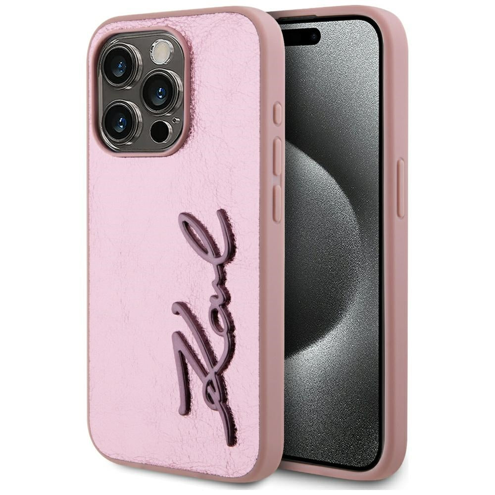 Karl Lagerfeld - Hardcase Leather (KLHCP15LPFMFBKMP) - iPhone 15 Pro - Pink Metal Signature