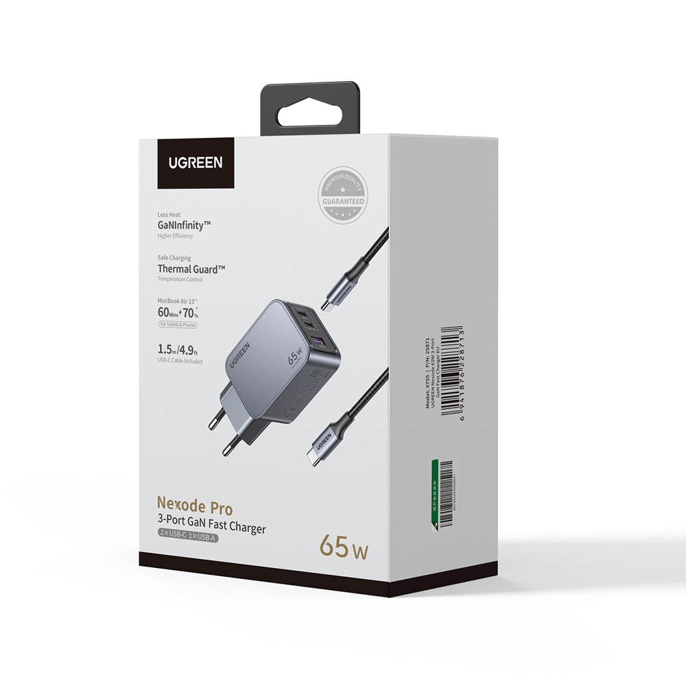 Ugreen - Wall Charger Nexode Pro X755 (25871) - GaN, Fast Charging, USB, 2x Type-C, 65W, 3A, PD3.0, QC4.0, with Cable - 