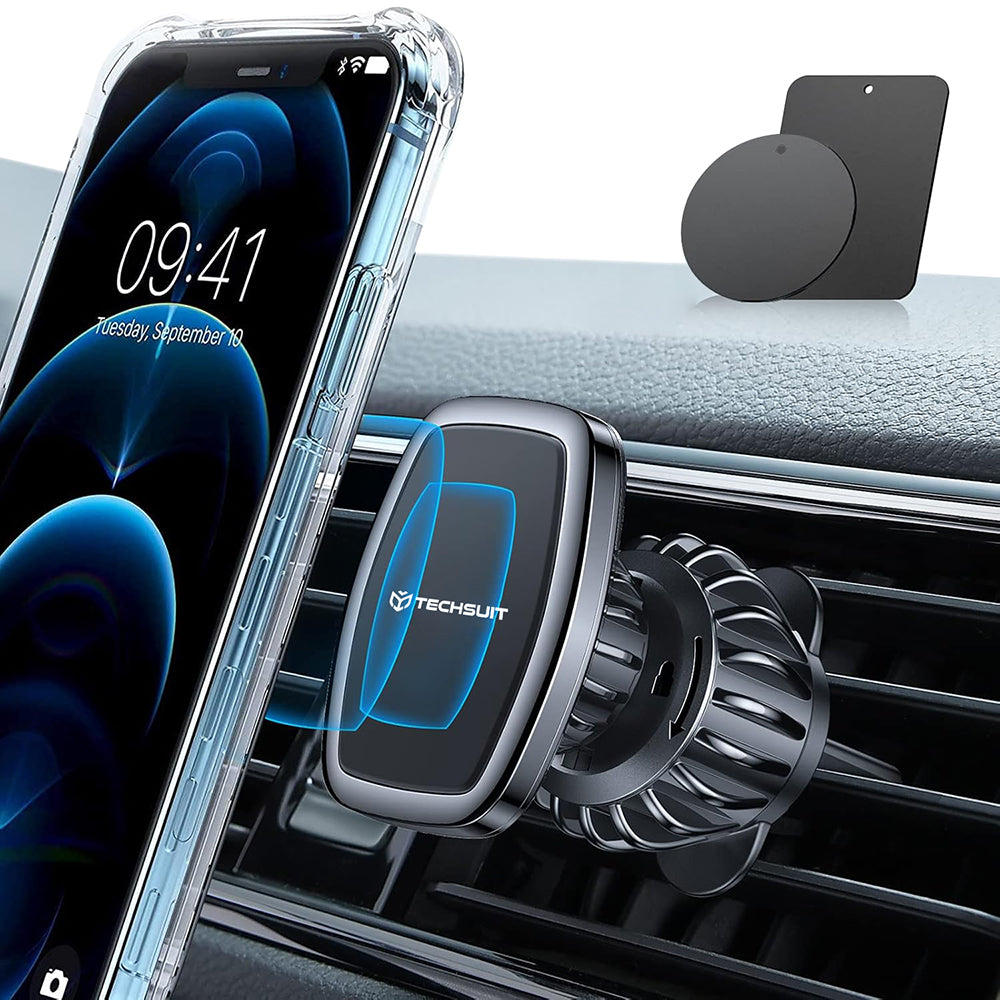 Techsuit - Car Holder AirFix (S2) - with Metal Plates, for Air Vent, Magnetic Car Mount N52, Rotation Angle 360° - Black