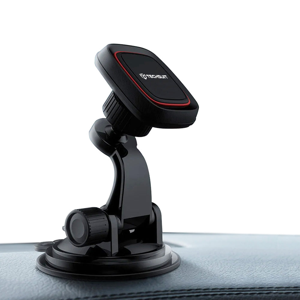 Techsuit - Car Holder MagGrip (S6) - for Dashboard, Magnetic Grip, 360° Rotation, Suction Cup, 2 Metal Plates - Black/Re