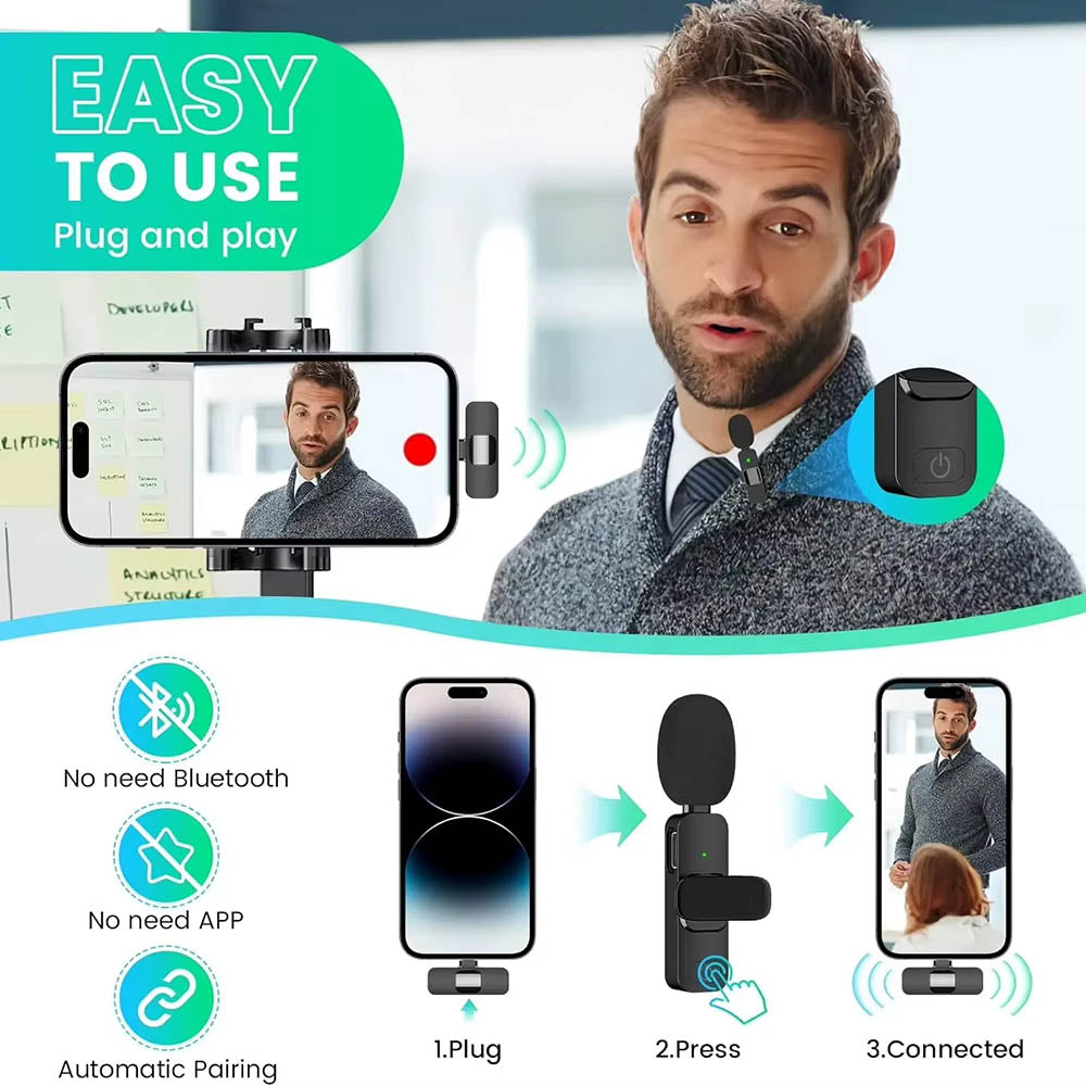 Techsuit - (2 pack) Lavalier Wireless XtreamMic (LW1) - with Receiver, Lightning Connector, for iPhone Plug & Play, Coll