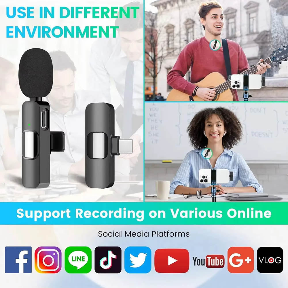 Techsuit - (2 pack) Lavalier Wireless XtreamMic (LW2) - with Receiver, Type-C Connector, for Phones Plug & Play, Collar 