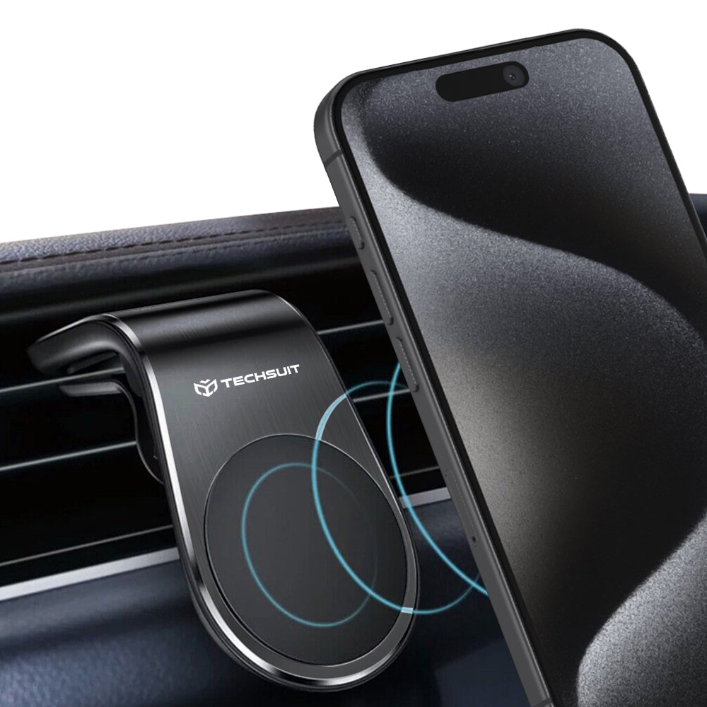 Techsuit - Car Holder AirGrip (S7) - Waterfall-Shaped, Magnetic Secure Grip for Air Vent, Clamp Grip - Black / Silver