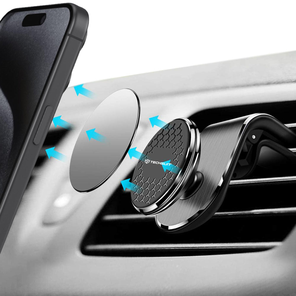 Techsuit - Car Holder AirGrip (S8) - Waterfall-Shaped, Magnetic N52 Secure Grip, for Air Vent, Clamp Grip - Black / Silv